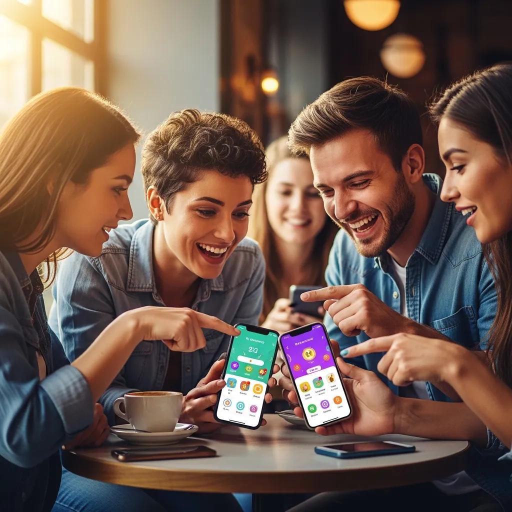 Group of friends engaging with a mobile app in a social setting