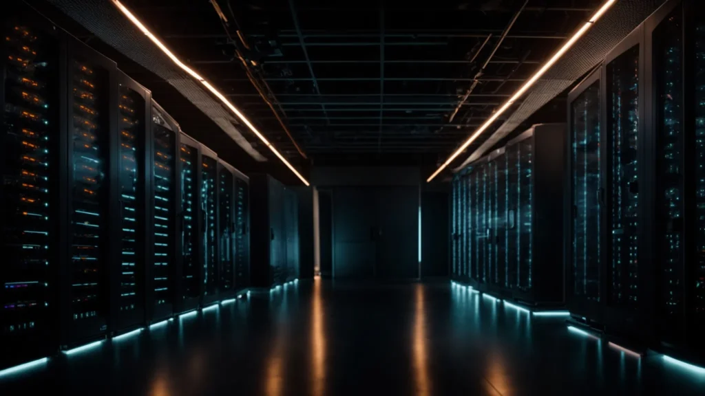 rows of glowing server racks in a dark data center room illuminate the advanced technology of ai-powered storage systems.