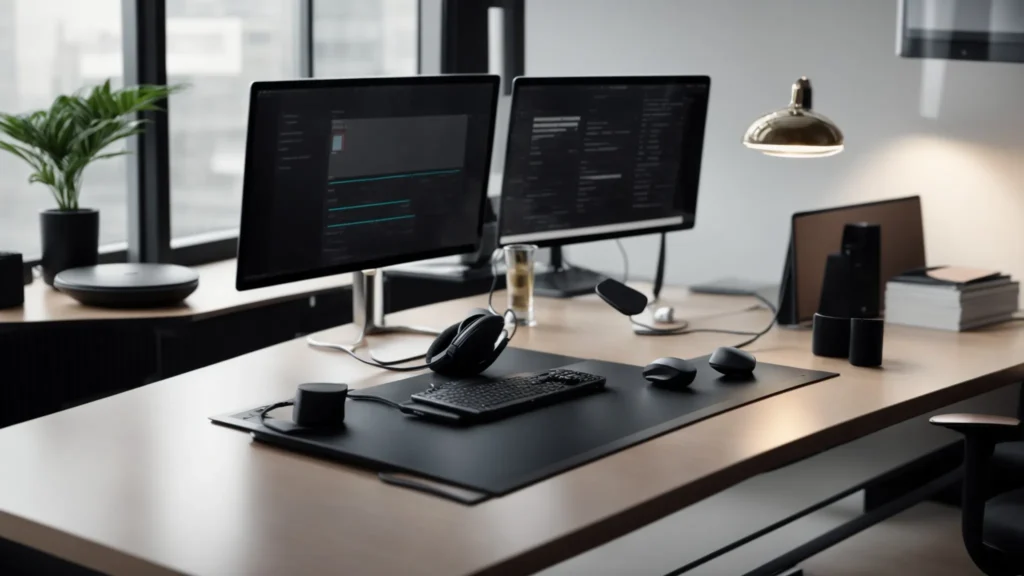 a sleek office setup with a modern computer, headset, and a voip phone on a clean desk, highlighting a professional communication environment.