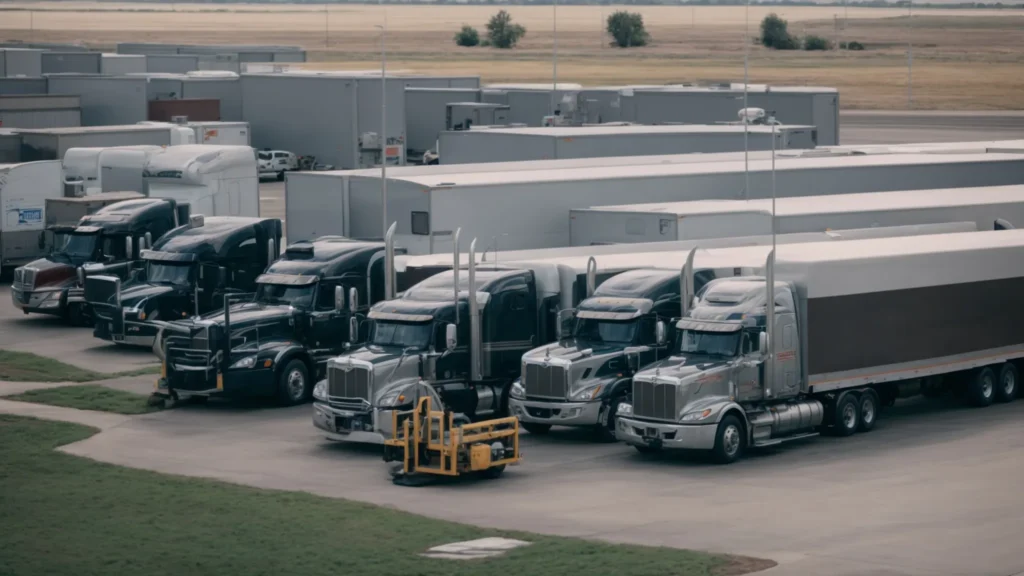 trucks lined up at a distribution center ready to dispatch parcels.