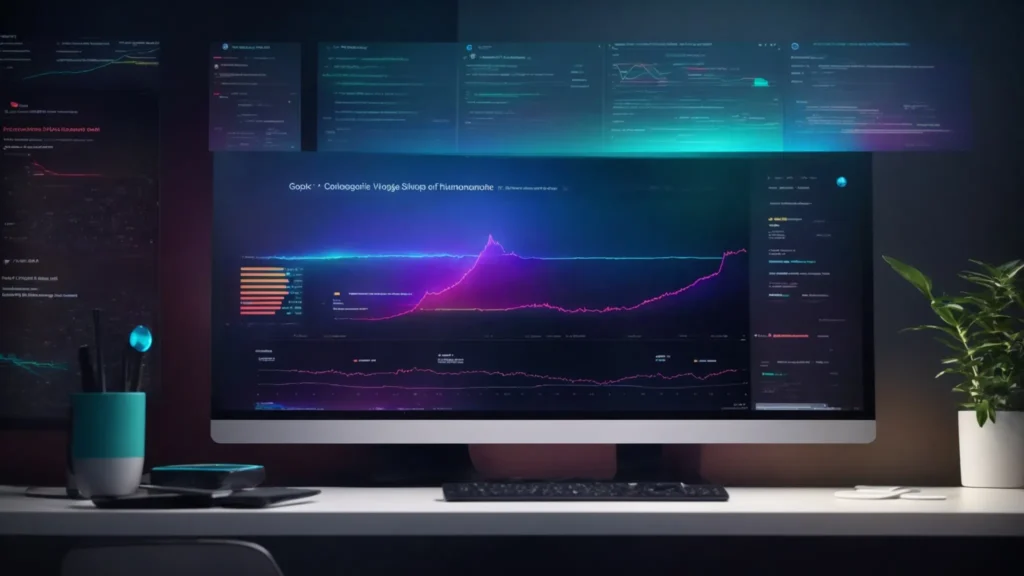 a sleek, modern computer displaying a vibrant, futuristic infographic on google's evolving seo landscape.