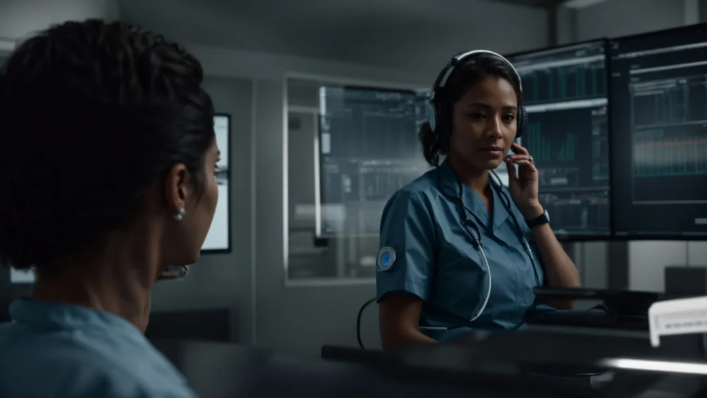 a nurse speaks into a headset, looking at a computer screen that displays a complex ai interface, integrating patient data.