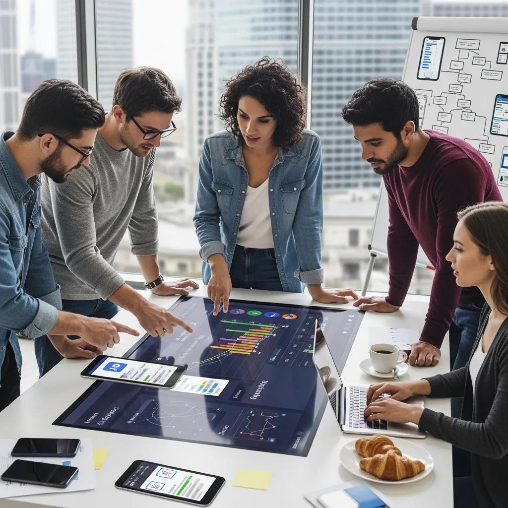 Diverse entrepreneurs collaborating on app growth strategies with digital devices