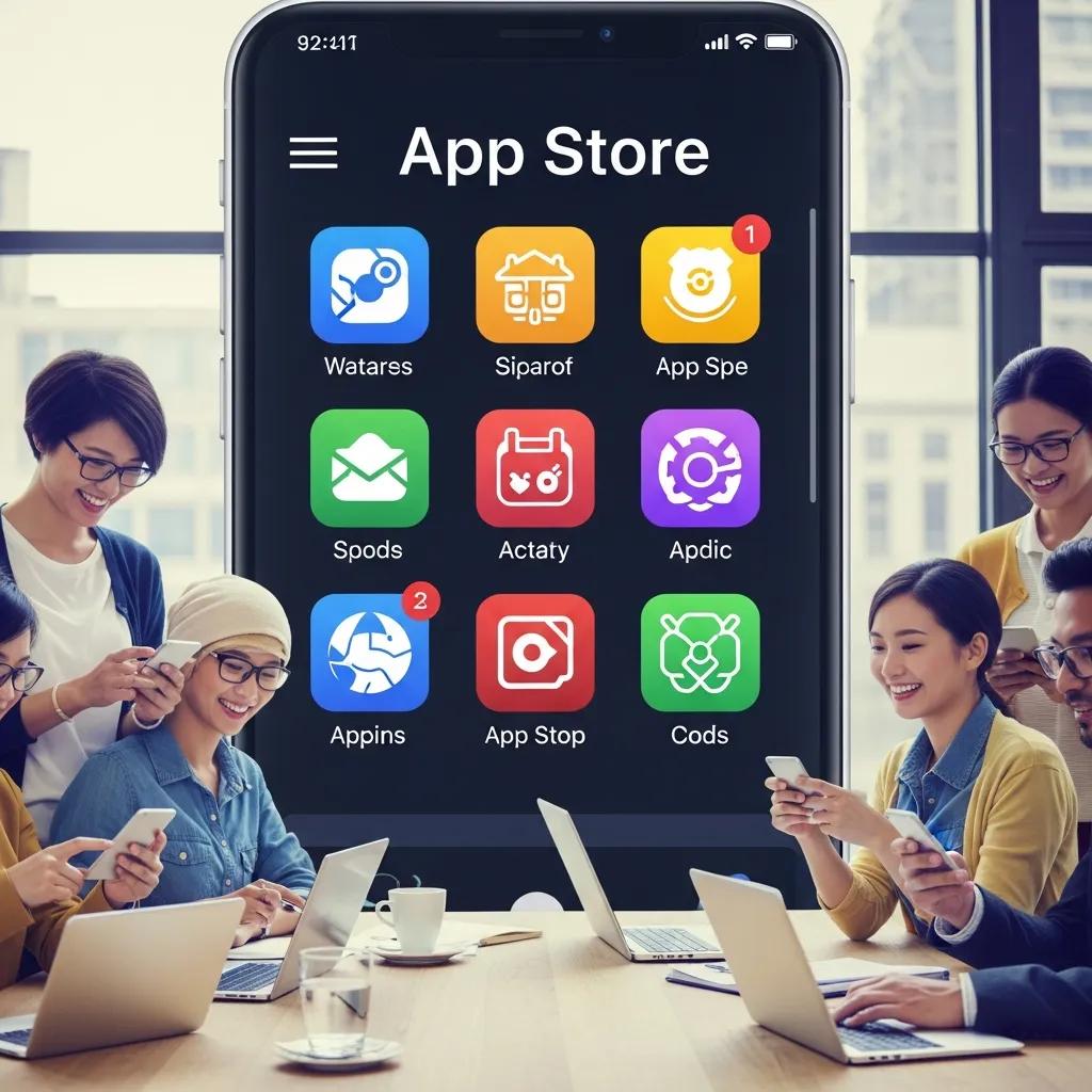 Mobile app store interface showcasing diverse app icons and users engaging with mobile devices